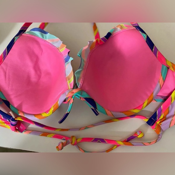 Victoria’s Secret Womens Bikini Swim Top Size 34D Pink Multicolor Padded - Picture 4 of 6